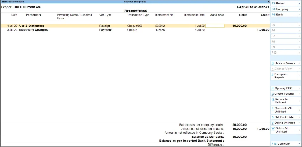 Bank reconciliation tally